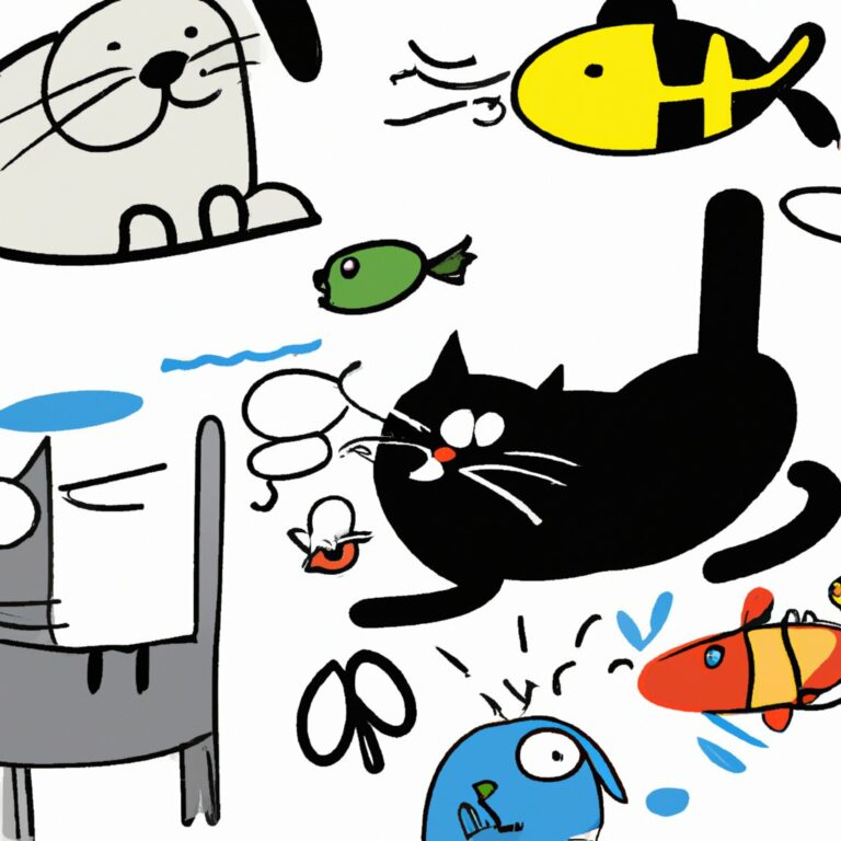 Hund, Katzen, Fische, Vogel - Comic-Zeichnung